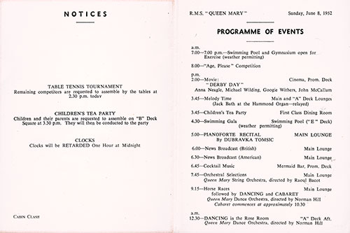 Program of Events for Sunday, 8 June 1952 on Board the RMS Queen Mary.