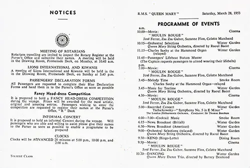 Program of Events for Saturday, 28 March 1953 on Board the RMS Queen Mary.