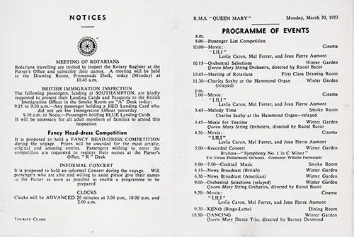 Program of Events for Monday, 30 March 1953 on Board the RMS Queen Mary.