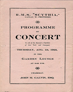 Front Cover, RMS Scythia Concert Program in Aid of the Seamen's Charities of New York and Liverpool, Thursday, 24 August 1922.