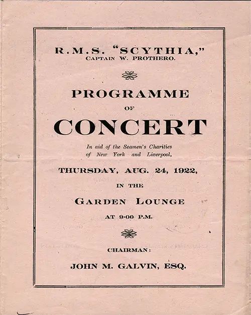 Front Cover, RMS Scythia Concert Program in Aid of the Seamen's Charities of New York and Liverpool, Thursday, 24 August 1922.