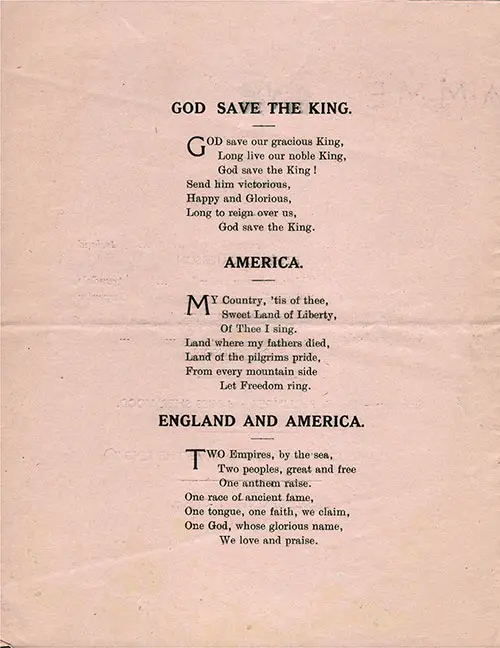 Lyrics for "God Save the King," "America," and "England and America,"
