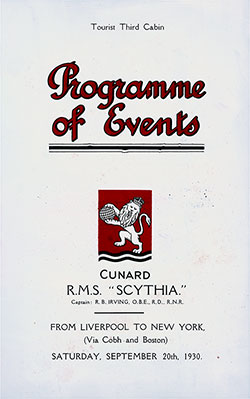 Front Cover, Tourist Third Cabin Events Program on the Cunard RMS Scythia, for Saturday, 20 September 1930
