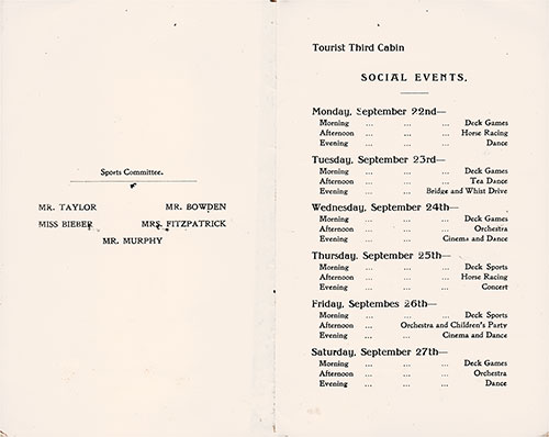 Tourist Third Cabin Events Program on the Cunard RMS Scythia, for Saturday, 20 September 1930.