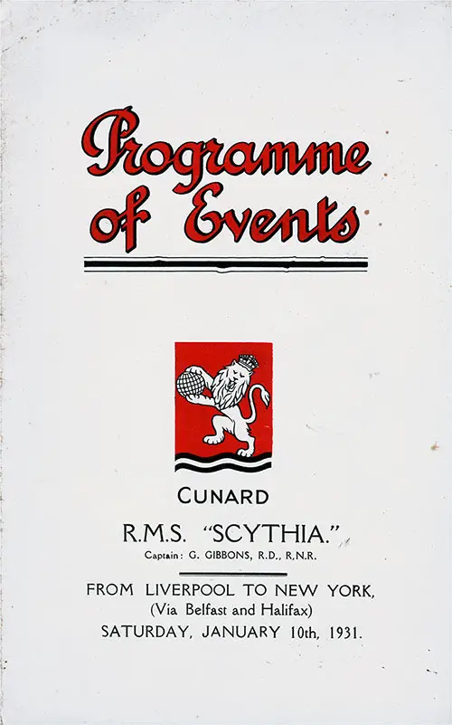 Front Cover, Events Program for the Cunard RMS Scythia, Saturday, 10 January 1931.