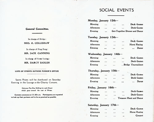 Social Events Program for the Cunard RMS Scythia, Saturday, 10 January 1931.