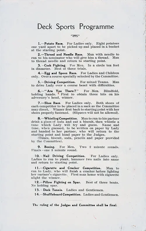Deck Sports Program for the Cunard RMS Scythia, Saturday, 10 January 1931.