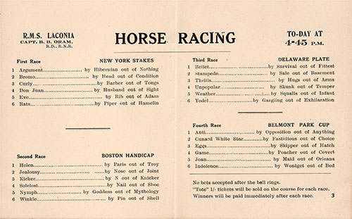 Horse Racing Program on Board the RMS Laconia, Undated but Circa 1930s.
