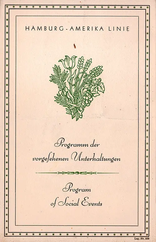 Front Cover, Social Events Program on Board the SS New York for the Transatlantic Voyage beginning on Thursday, 27 July 1933. Lag. Nr. 568.