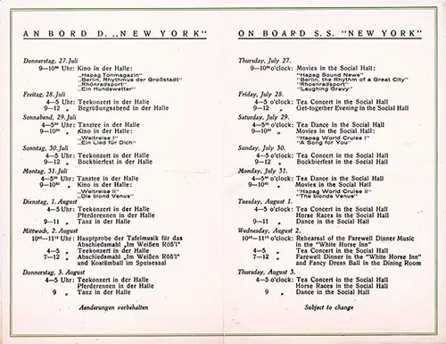 Social Events Program on Board the SS New York for the Transatlantic Voyage beginning on Thursday, 27 July 1933.