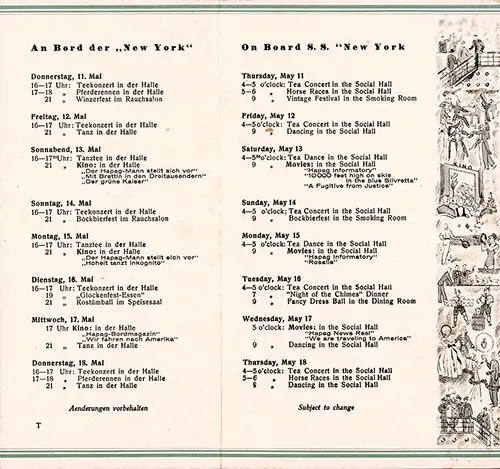 Social Events Program on Board the SS New York for the Transatlantic Voyage beginning 11 May 1939.