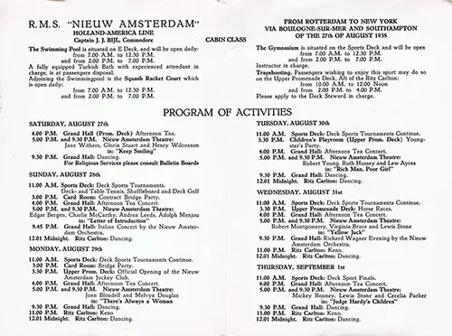 Cabin Class Activities Program from the RMS Nieuw Amsterdam for the Voyage Beginning 27 August 1938.