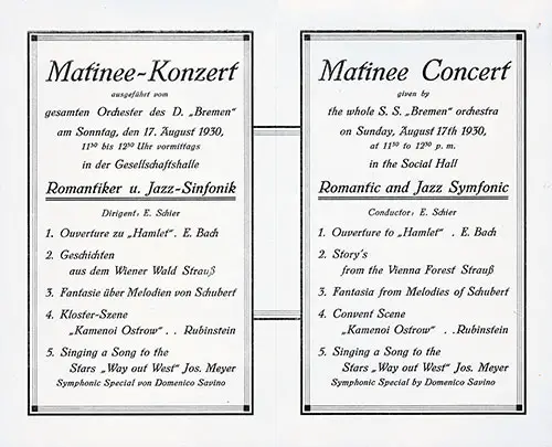 Matinee Concert Program on Board the SS Bremen, Sunday, 17 August 1930.