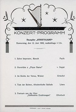 Afternoon Concert Program for Thursday, 12 June 1930 onboard the SS Stuttgart of the Norddeutscher Lloyd/North German Lloyd.