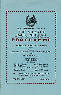 Front Cover, Horse Racing Program on Board the MV Ruahine for Monday, 9 March 1953.