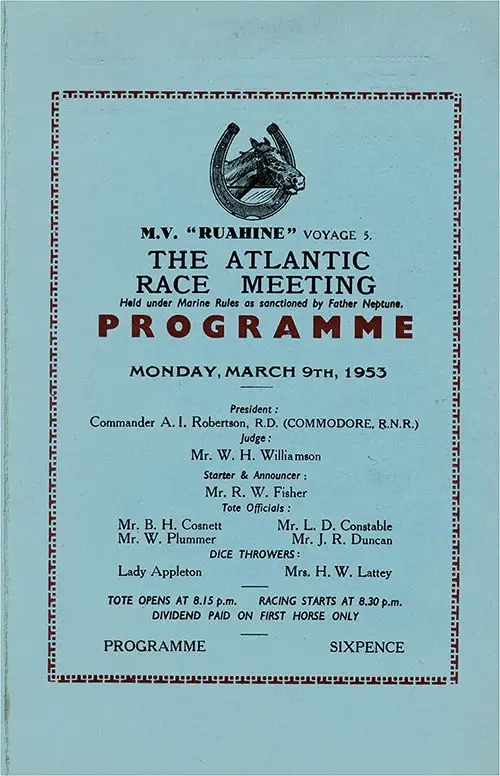 Front Cover, Horse Racing Program on Board the MV Ruahine for Monday, 9 March 1953.