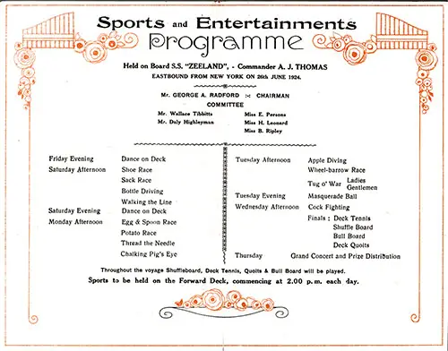 Sports and Entertainments Program Held on Board the SS Zeeland Beginning Friday, 26 June 1924.