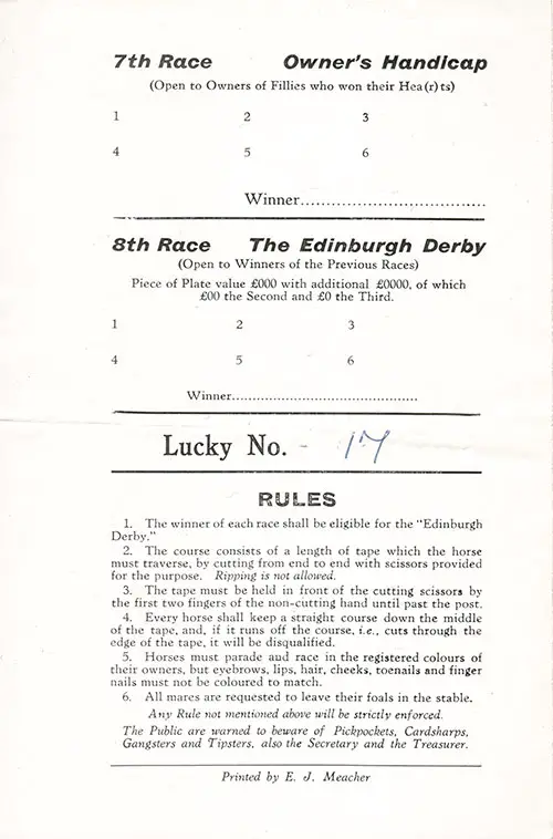 Rules for Lucky No. 17 on the Back Cover, Horse Racing Program on Board the RMS Edinburgh Castle for Friday, 24 June 1955.