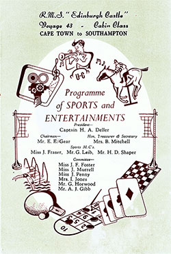 Front Cover, Sports and Entertainments Program for Voyage 43 of the RMS Edinburgh Castle, Beginning Sunday, 19 June 1955.