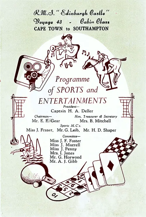 Front Cover, Sports and Entertainments Program for Voyage 43 of the RMS Edinburgh Castle, Beginning Sunday, 19 June 1955.