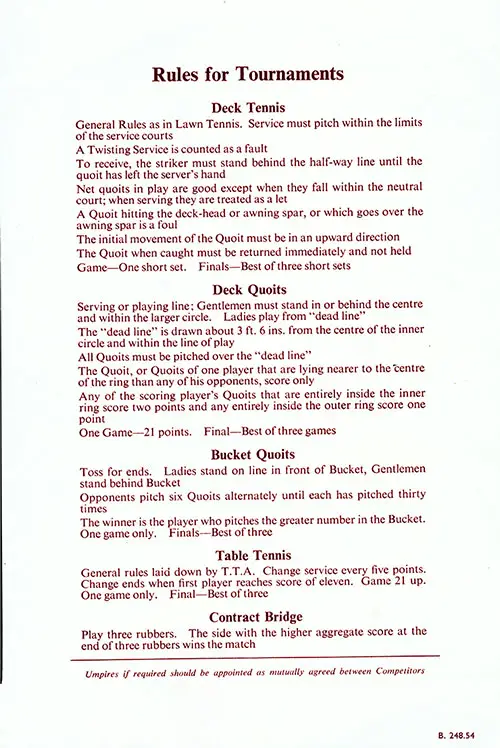 Rules for Tournaments on the Back Cover, Sports and Entertainments Program for Voyage 43 of the RMS Edinburgh Castle