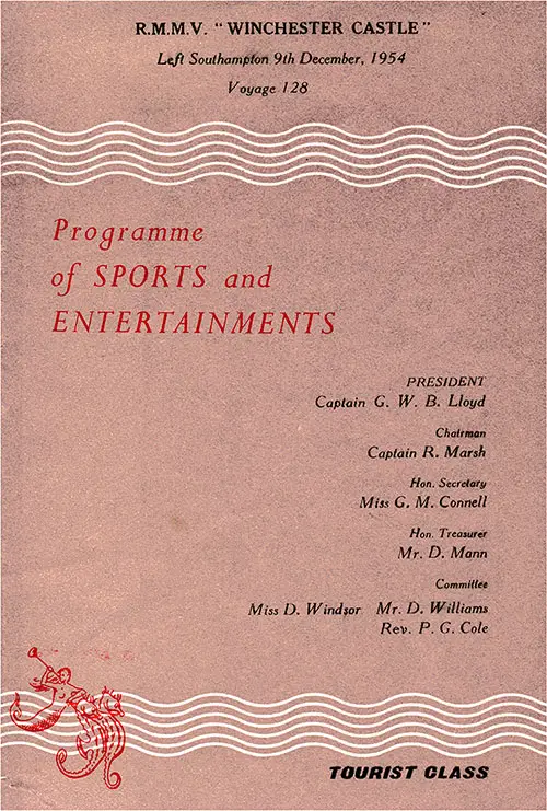 Front Cover, Tourist Class Sports & Entertainments Program on Board the RMMV Winchester Castle for Voyage 128, 9 December 1954.