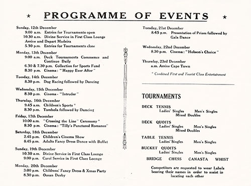 Tourist Class Sports & Entertainments Program on Board the RMMV Winchester Castle for Voyage 128, 9 December 1954.