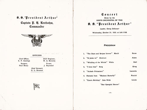 Musical Concert Program on Board the SS President Arthur on Wednesday, 31 October 1923.