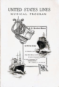 Front Cover, Musical Concert Program on Board the SS President Monroe on 20 July 1920 in Aid of Seamen's Charities.