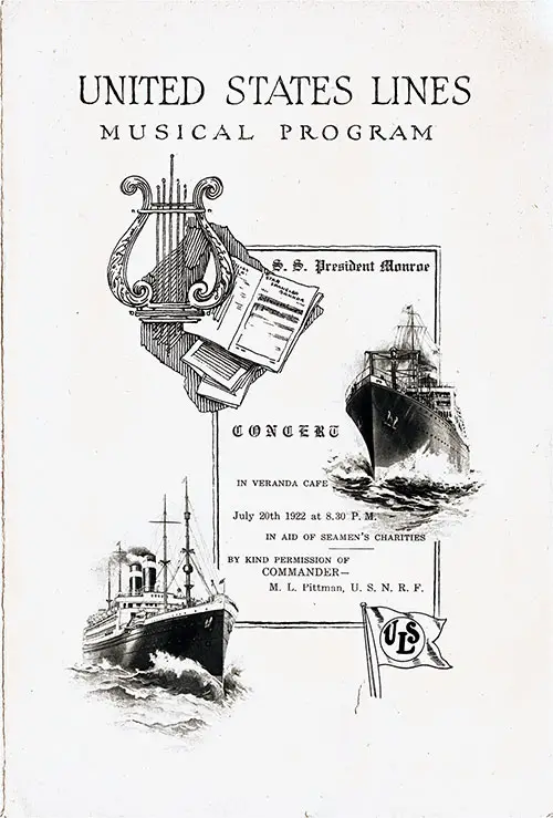 Front Cover, Musical Concert Program on Board the SS President Monroe on 20 July 1920 in Aid of Seamen's Charities.