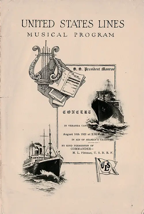 Front Cover, Musical Concert Program on Board the SS President Monroe on 10 August 1922 in Aid of Seamen's Charities.