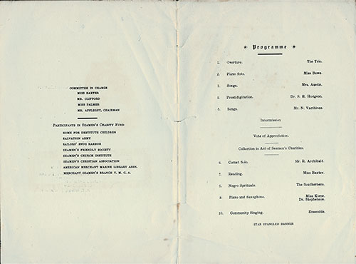 Musical Concert Program on Board the SS President Monroe on 10 August 1922 in Aid of Seamen's Charities.