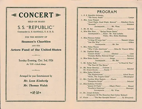 Musical Concert Program Held Sunday, 3 October 1926 on Board the SS Republic