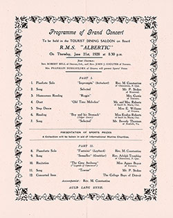 Tourist Class Grand Concert Program Held on Board the RMS Albertic on 21 July 1928.