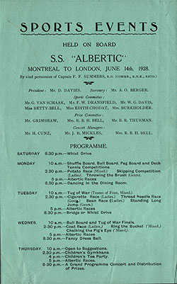 Sports Events Program For the Voyage from Montreal to London, Held on Board the SS Albertic Beginning on Friday, 14 June 1928.