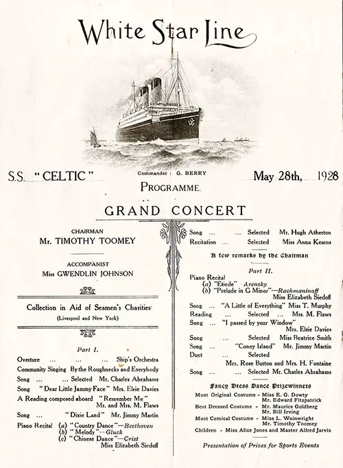Grand Concert Program Held on Board the SS Celtic on 28 May 1928.