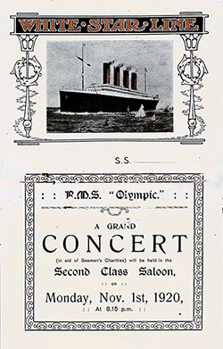 Front Cover, Second Class Grand Concert Program Held on Board the RMS Olympic on Monday, 1 November 1920.