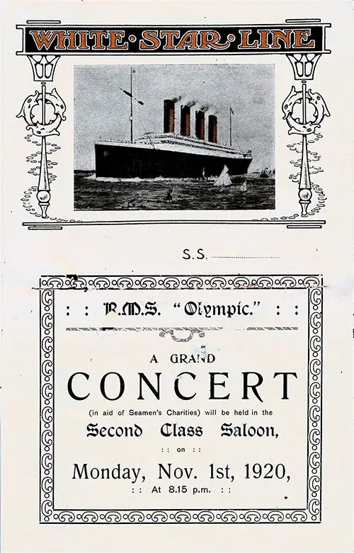 Front Cover, Title Page with a Photograph of the RMS Olympic on this Second Class Grand Concert Program Held on Board the RMS Olympic on Monday, 1 November 1920.