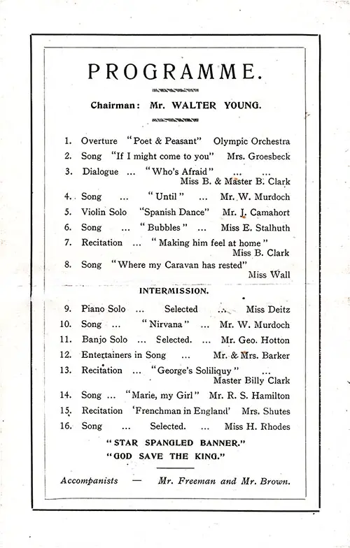 List of Songs, Recitations, Solo and Orchestra Pieces in a Second Class Grand Concert Program Held on Board the RMS Olympic on Monday, 1 November 1920.