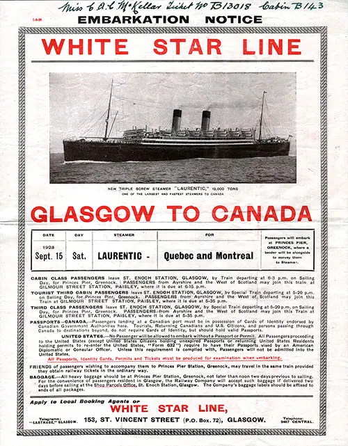 Embarkation Notice from the White Star Line For a 15 September 1928 Voyage of the RMS Laurentic from Glasgow to Quebec and Montreal.