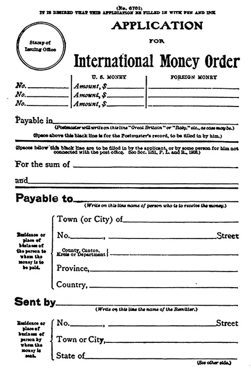 International Money Order Application, 1912.