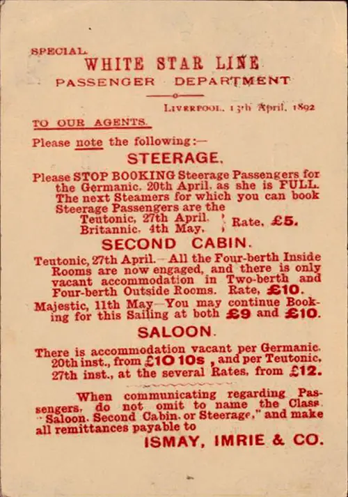 White Star Line Memo Notifying Agents that Steerage is Filled to Capacity dated 13 April 1892.
