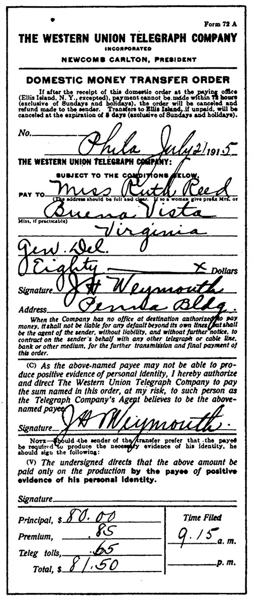 Western Union Telegraph Company Sample Domestic Money Tranfer Order Form, 1915.