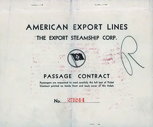 Front Cover, American Export Lines Passage Contract on the SS Excambion, Departing from New York to Naples Dated 18 January 1938.
