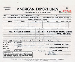 GGA Image ID # 12cb13bd05 Passenger's Receipt Forward Reservations, American Export Lines Contract for Passage on the SS Excambion, Departing from New York to Naples Dated 18 January 1938.