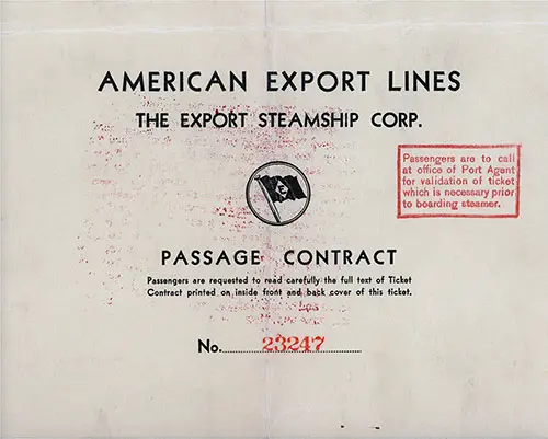 Front Cover, American Export Lines Passage Contract for Passage on the SS Excalibur, Departing from Genoa to New York Dated 18 March 1938.
