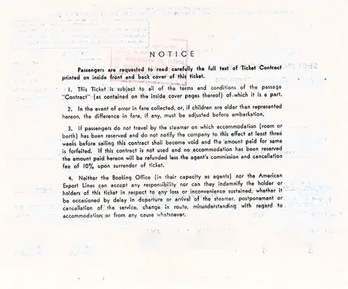 Notice added to the American Export Lines Passage Contract on the SS Excalibur
