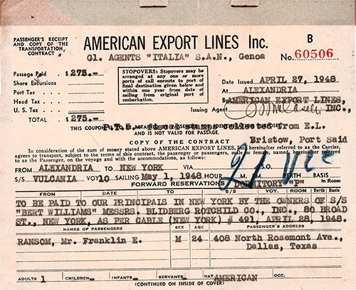 Passenger's Receipt and Copy of the Transportation Contract, American Export Lines, Agents for Italia S.A.N. Genoa