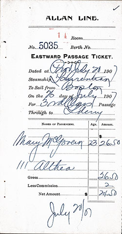 Eastward Passage Ticket, Allan Line, 1907, Boston to Londonderry