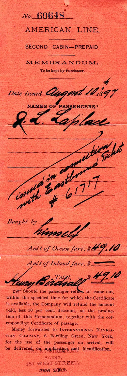 Prepaid Steamship Ticket Memorandum, American Line, 1897